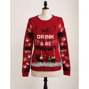 No Boundaries Cat Ugly Christmas Sweater Red “Drink & Be Meowy” Size S Sequin Be